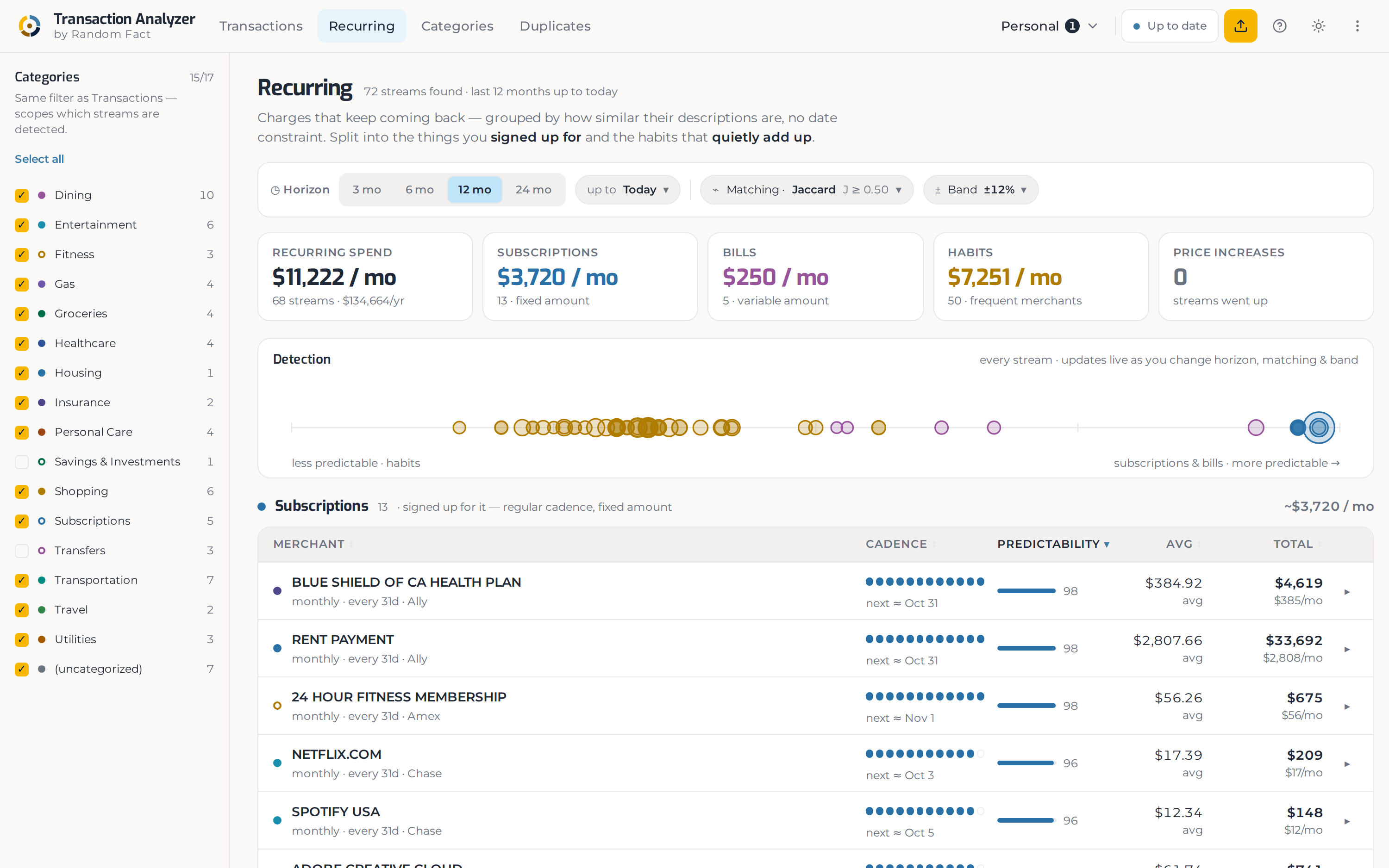 The Recurring screen, with repeating charges grouped into subscriptions, bills, and habits on a timeline.