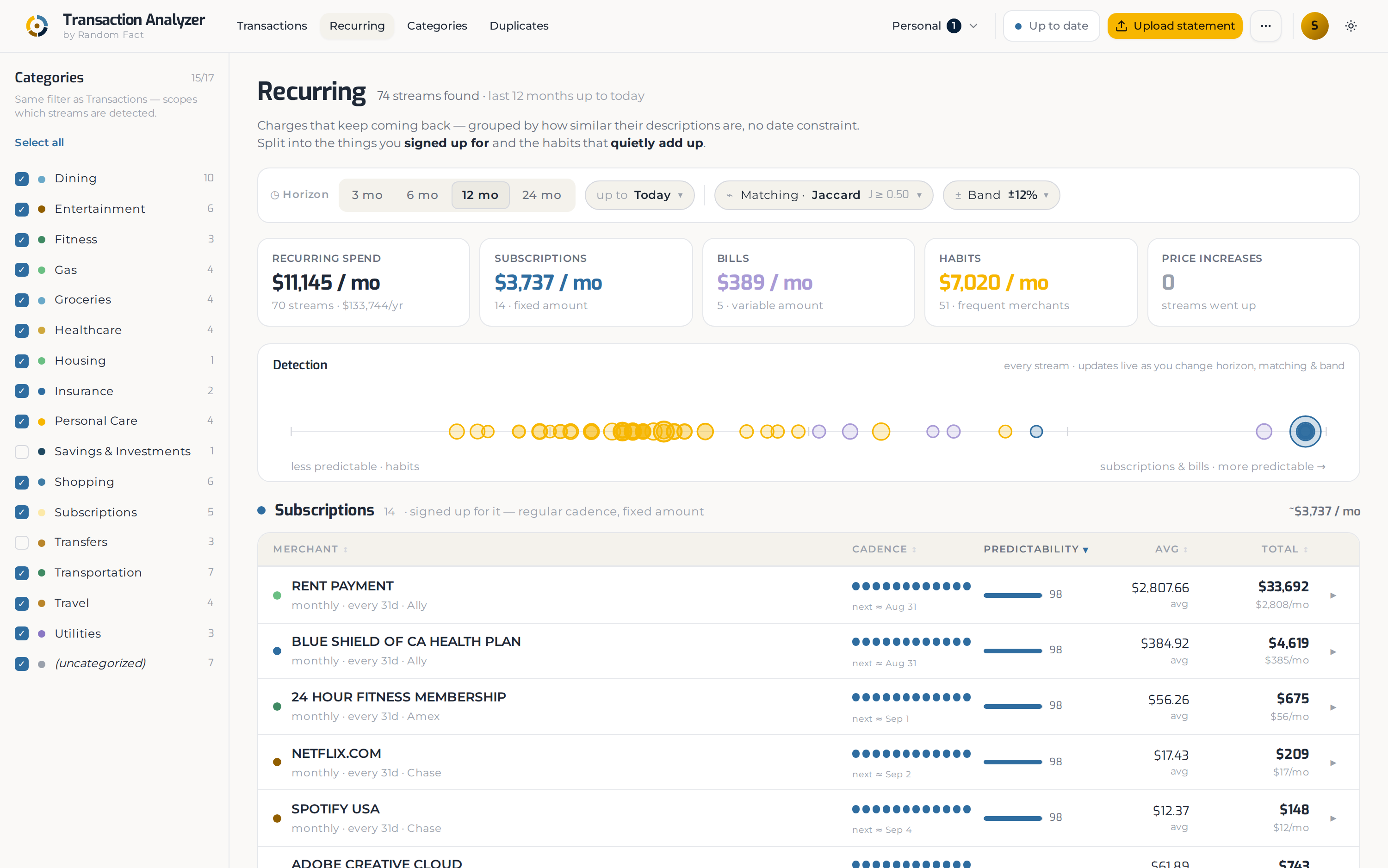 The Recurring screen, with repeating charges grouped into subscriptions, bills, and habits on a timeline.