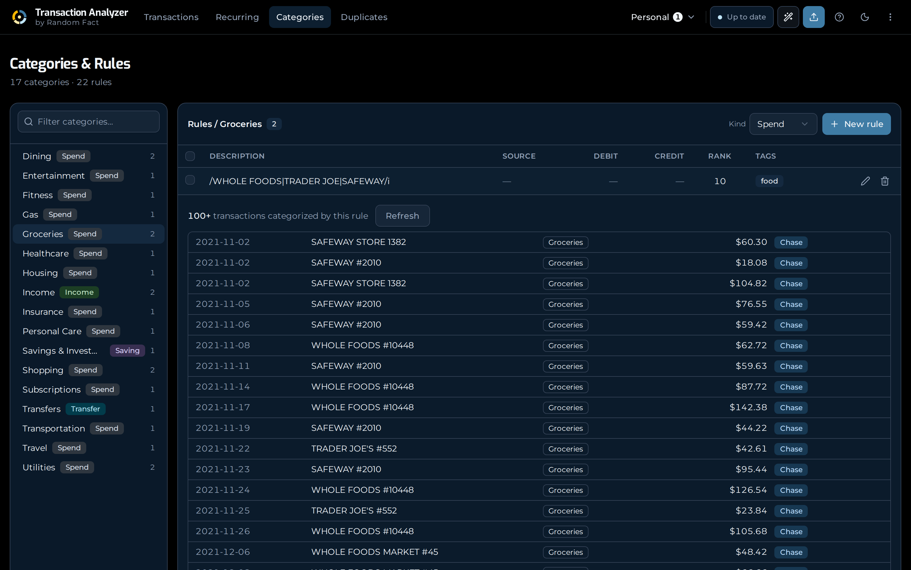 The Categories screen, with a rule's match pattern shown beside every transaction it categorized.