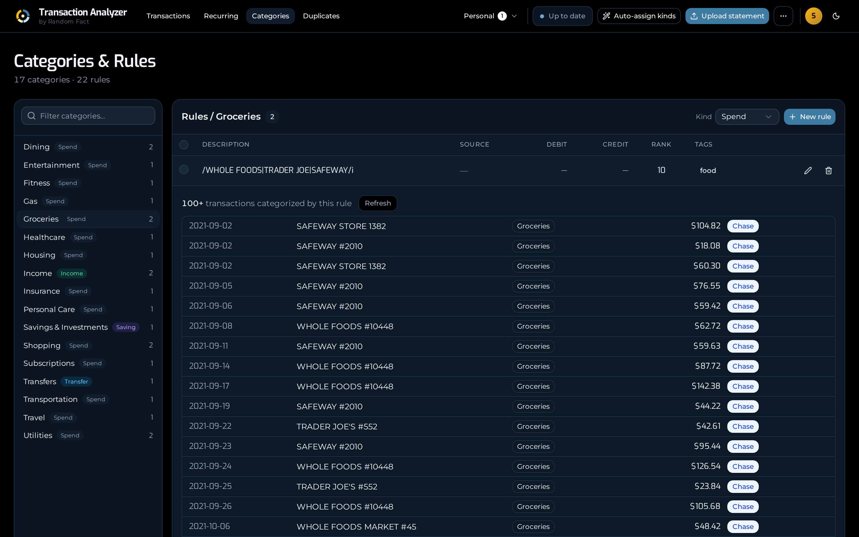 The Categories screen, with a rule's match pattern shown beside every transaction it categorized.