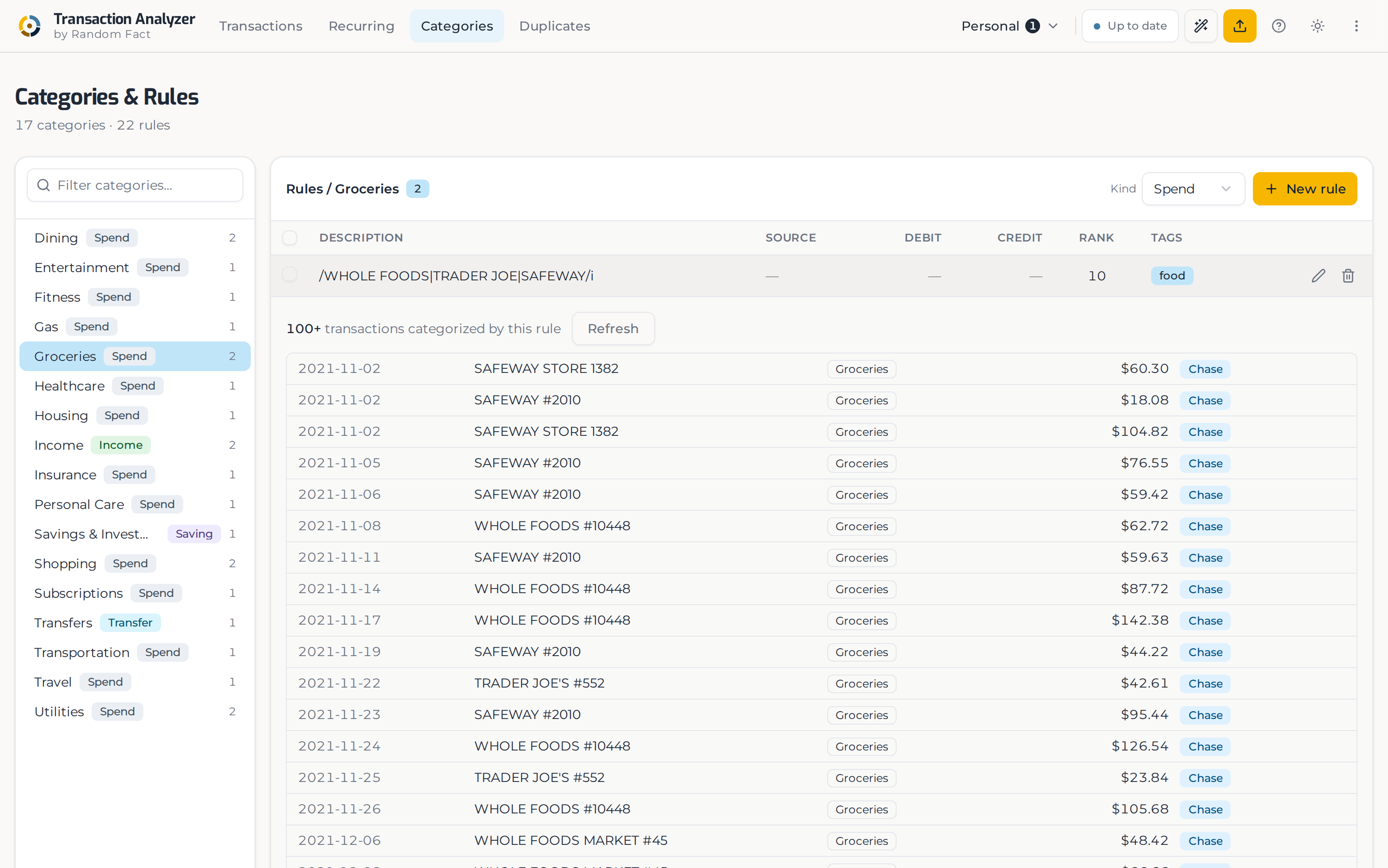 The Categories screen, with a rule's match pattern shown beside every transaction it categorized.