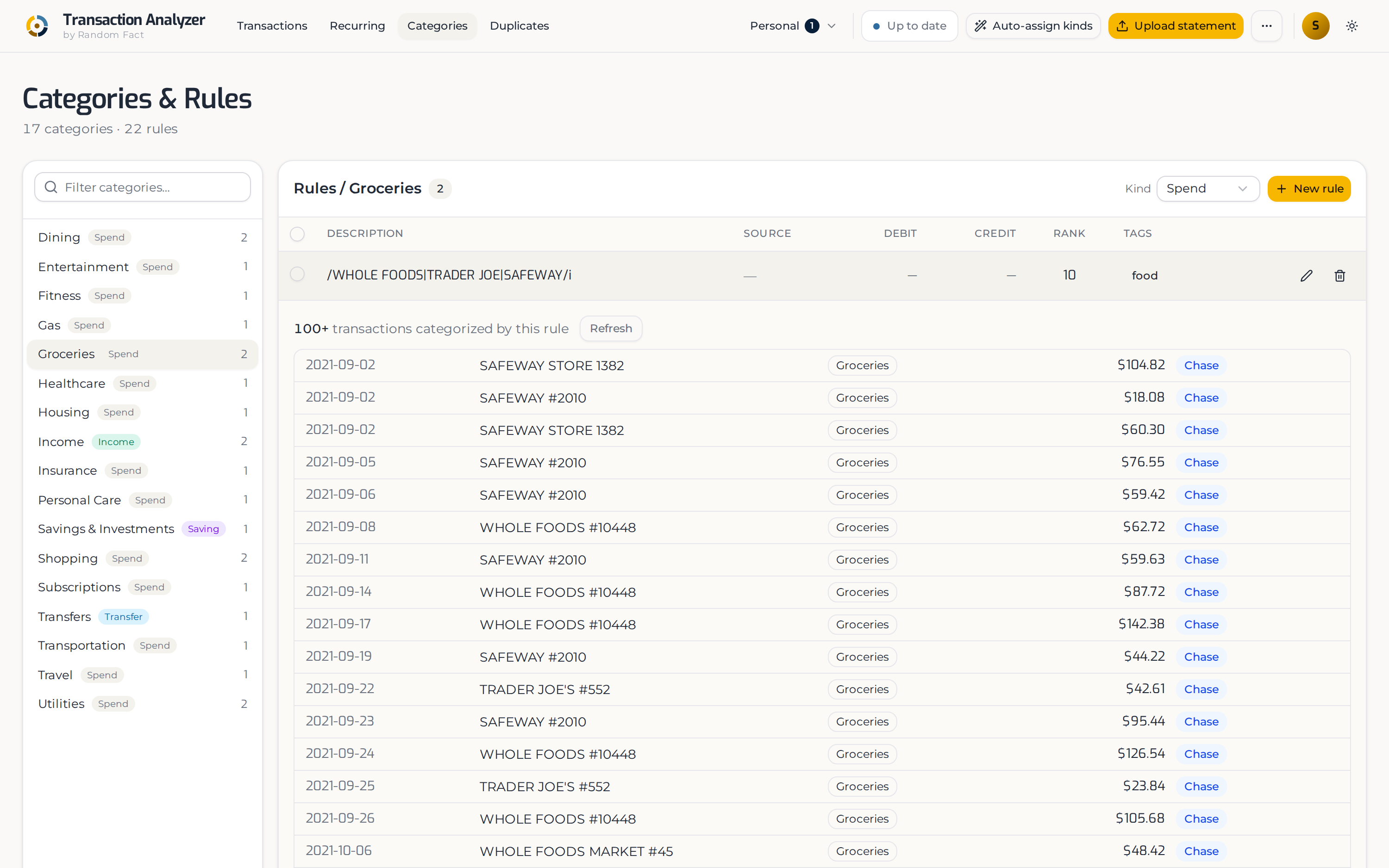 The Categories screen, with a rule's match pattern shown beside every transaction it categorized.