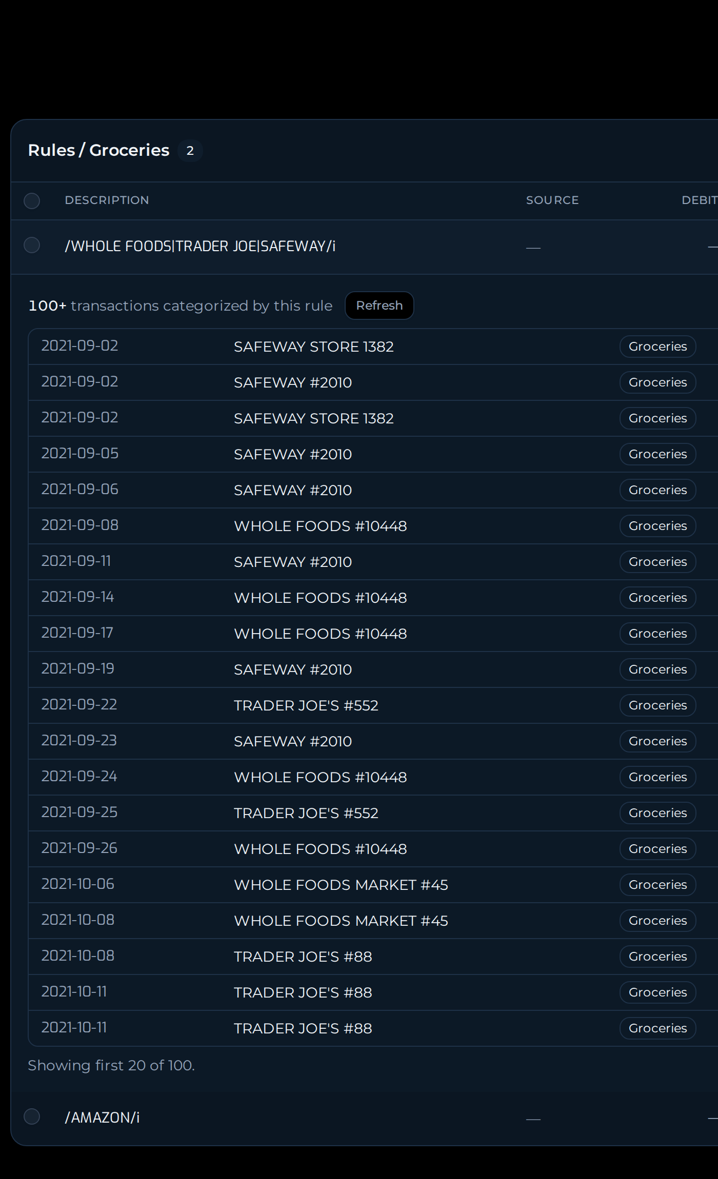 The Categories screen, with a rule's match pattern shown beside every transaction it categorized.