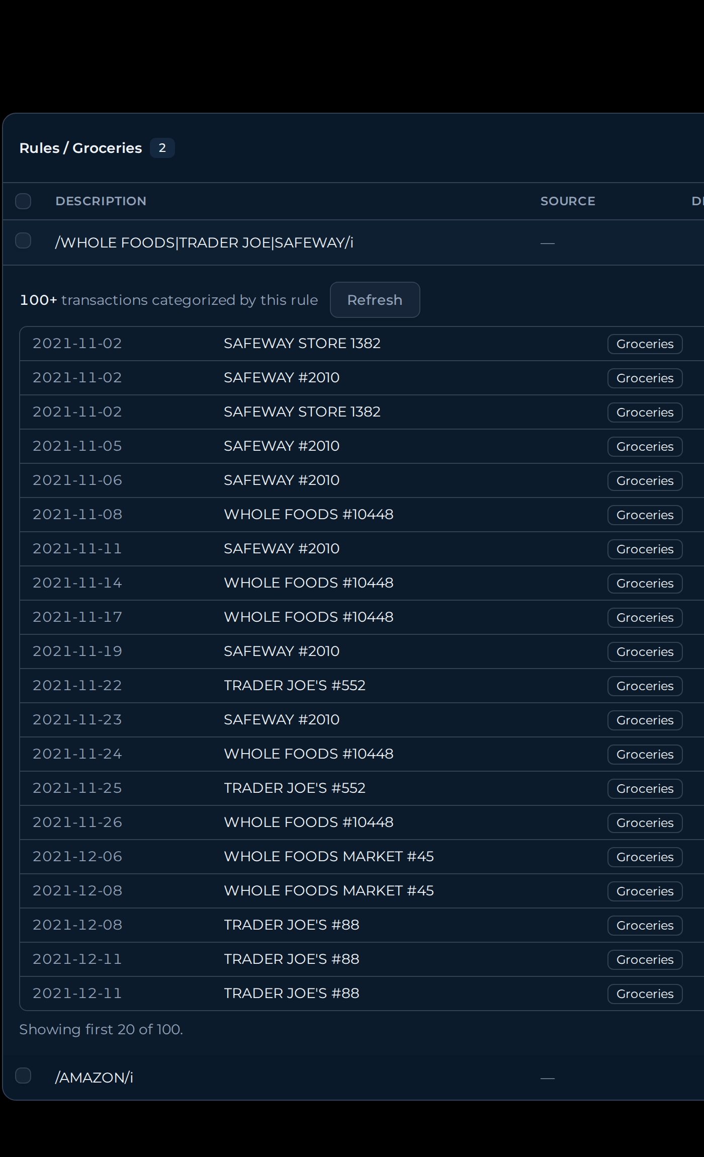 The Categories screen, with a rule's match pattern shown beside every transaction it categorized.