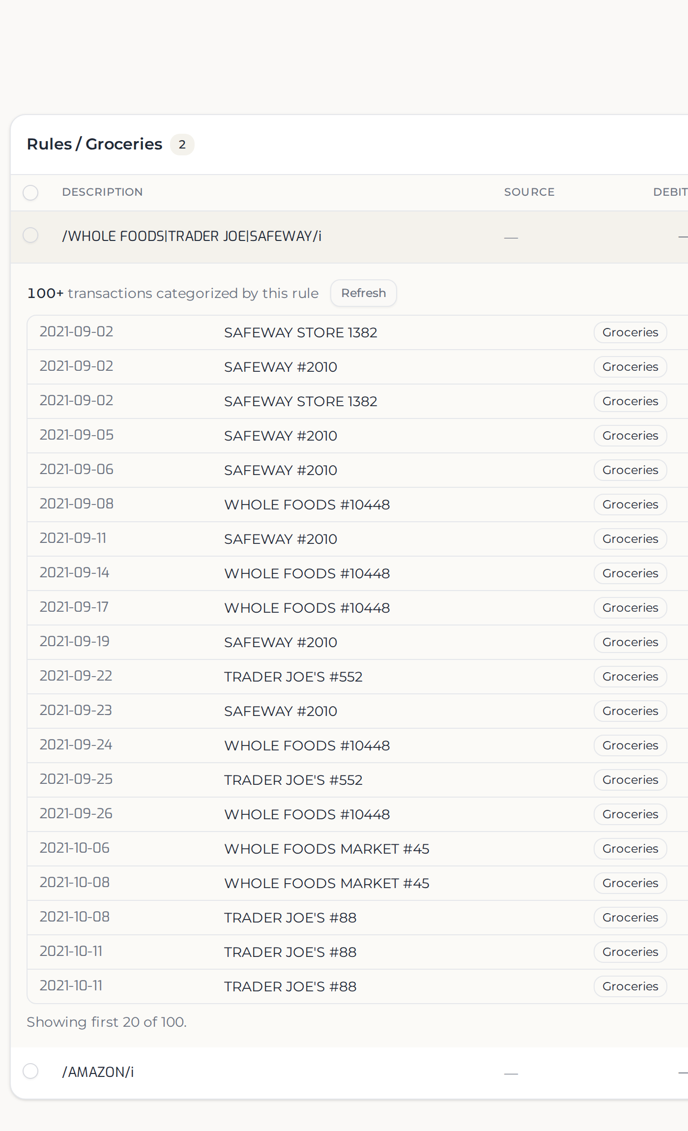 The Categories screen, with a rule's match pattern shown beside every transaction it categorized.