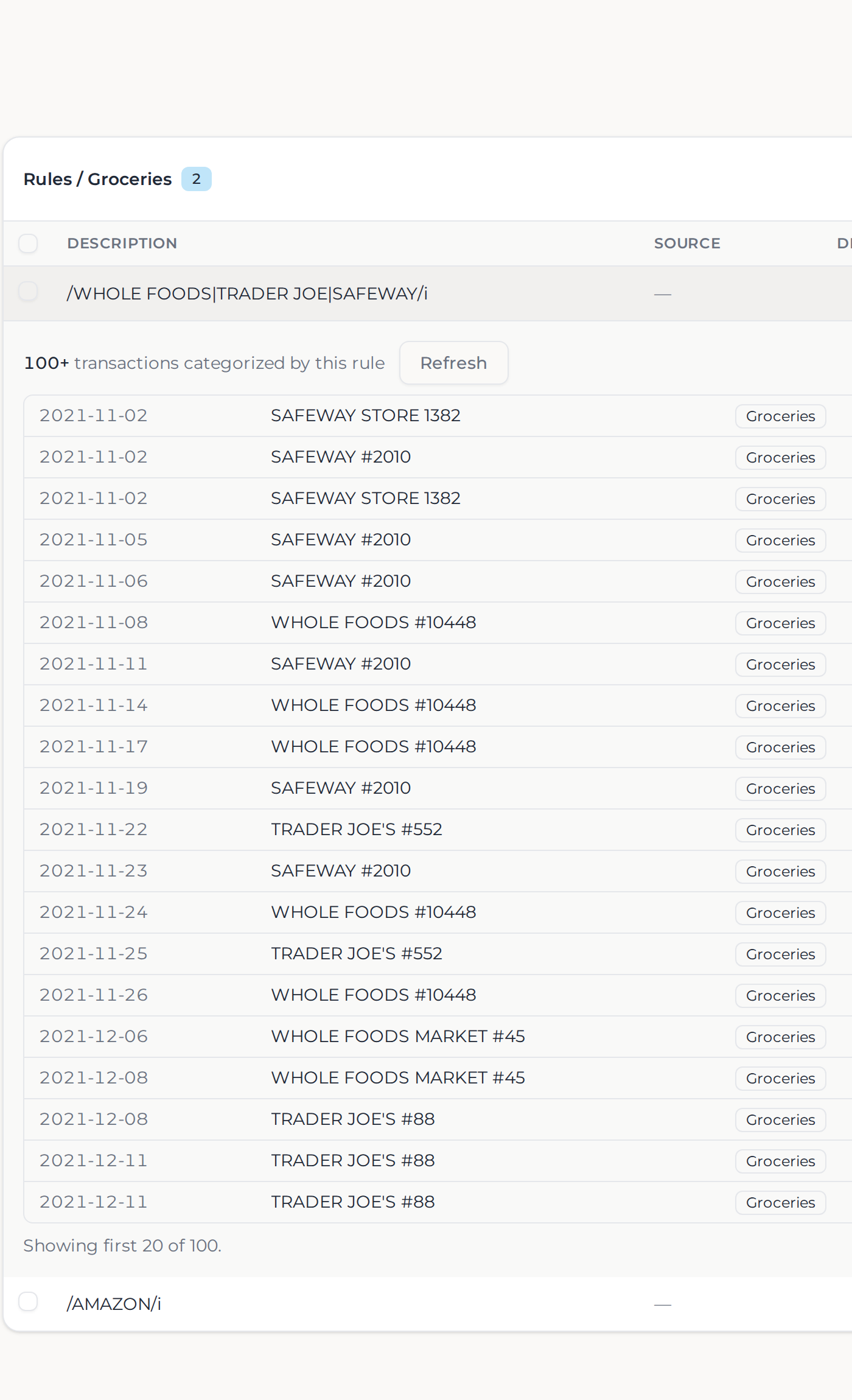 The Categories screen, with a rule's match pattern shown beside every transaction it categorized.